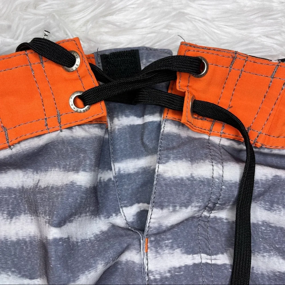 SOCIETY Of The Sun Men’s Orange Gray Striped Swim Board Shorts 36